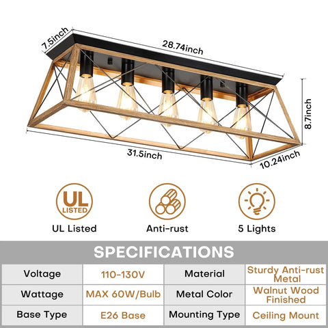 Specifications of the 31.5 Inch Flush Mount Five Light Vintage Industrial Cage Chandelier For Dining Room Kitchen Island And Living Room Dimmable Semi Flush Close To Ceiling Walnut Finish Farmhouse Vibe.