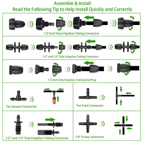 Assembly and installation guide for Drip Irrigation Kit 280 Pcs 147 Ft Garden Watering System with tubing connectors