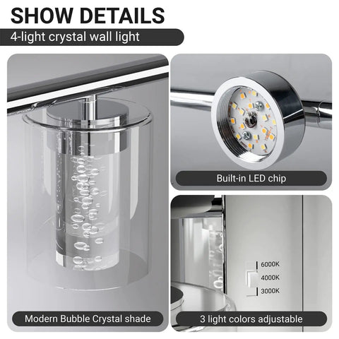 Crystal 4 Light Bathroom Vanity Light Fixtures Modern LED Dimmable Wall Sconce with Bubble Glass Shade Brushed Nickel Finish details