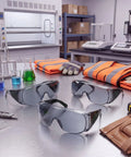 Fifty Pack Tough As Nails Safety Glasses For Crews And Jobsites Featuring Anti Fog Polycarbonate Lenses on a lab table.