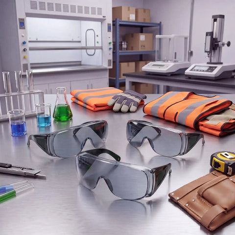 Fifty Pack Tough As Nails Safety Glasses For Crews And Jobsites Featuring Anti Fog Polycarbonate Lenses on a lab table.