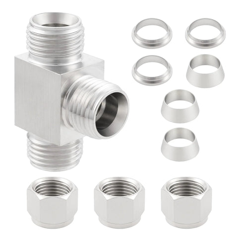 Yoebor 304 stainless steel compression 3-way tee union, 1/2 in OD tubing, front view, pack of 2