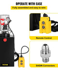 Close-up of Single Acting 12V DC Hydraulic Pump Power Unit for Dump Trailer with remote control and SAE#6 connectors