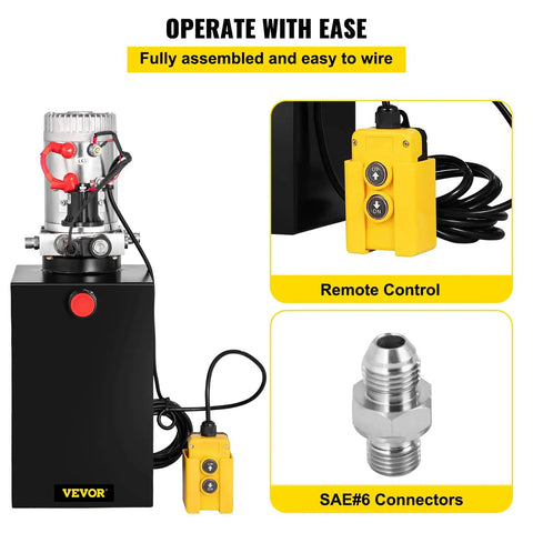 Close-up of Single Acting 12V DC Hydraulic Pump Power Unit for Dump Trailer with remote control and SAE#6 connectors