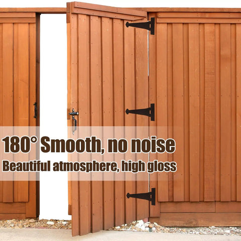 Solid As A Rock 15 Inch Heavy Duty T Strap Hinges 4 Pack With Mounting Fasteners Black Powder Coated Rust Resistant Wrought Iron Barn Door Hardware on wooden double doors.