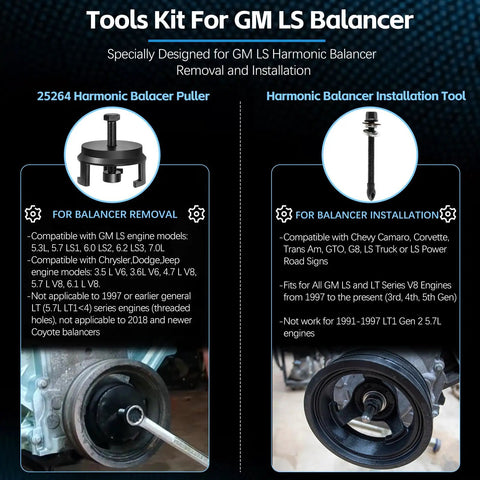Gearhead Grade Harmonic Balancer Puller And Installation Tool Set For LS Engines 1997 Up V8 with tool details and application guide