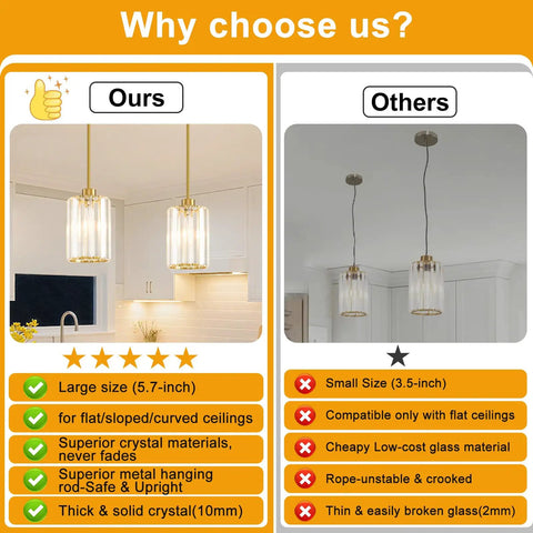 Top Shelf Modern Gold Pendant Lights 2 Pack Adjustable Crystal Chandelier Kitchen Island Fixture showcasing large 5.7-inch design and crystal materials.