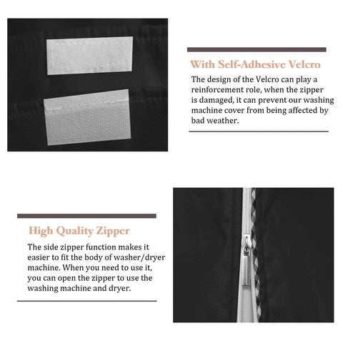 Features of Durable Waterproof Washing Machine Cover 2 Pack For Top Load Or Front Load Washers All Weather Dustproof Sun Shield Large 27x26x43 Inches Fits Most Machines Black including Velcro and zipper details.