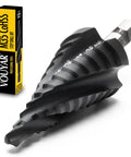 Four Spiral Flute Cobalt Step Drill Bit For Metal And Plastic, Twelve Step Unibit From Three Sixteenth To Seven Eighths Inch With M35 TiAlN Coating And One Quarter Inch Hex Shank