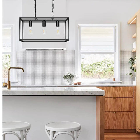 Black Farmhouse Kitchen Island Lighting Modern Linear Chandelier For Dining Room And Living Space Industrial Rectangular Pendant Fixture Dope For Foyer Or Bar 3 Light Black Finish over marble countertop