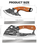 Two Piece Meat Cleaver Set For Home Chefs And Grill Masters Carbon Steel Kitchen Knife with size measurements displayed