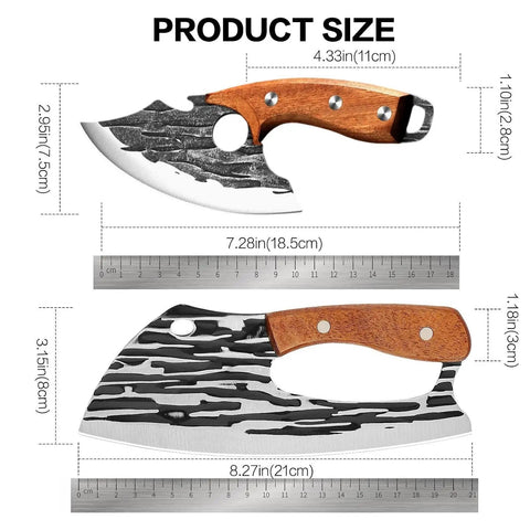 Two Piece Meat Cleaver Set For Home Chefs And Grill Masters Carbon Steel Kitchen Knife with size measurements displayed