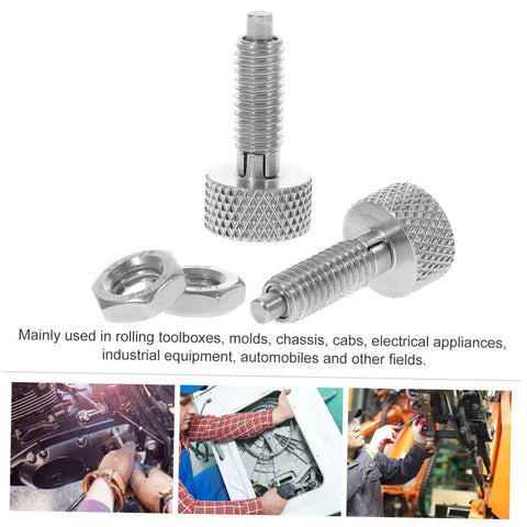 Superior Stainless Steel Retractable Spring Plunger Set With Hella Smooth Knurled Grip, industrial use with nuts shown.