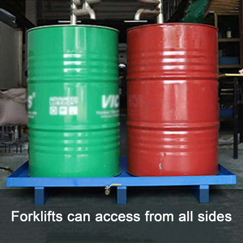 Beefy Heavy Duty Spill Containment Platform With Drain And Non Slip Utility Tray for warehouse use, holding two barrels