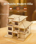 3D Wooden Villa Puzzle Model Kit For Adults on a wooden table, 97 pieces, unpainted laser-cut plywood, modern villa design.