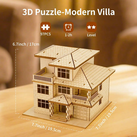 3D Wooden Villa Puzzle Model Kit For Adults on a wooden table, 97 pieces, unpainted laser-cut plywood, modern villa design.