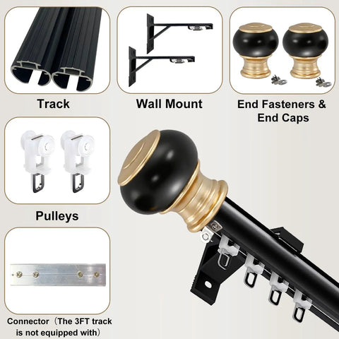 Ultra Smooth No Jam Silent Wall Mounted Curtain Track System With Aluminum Sliding Rails And Heavy Duty Roman Rod Modern Room Divider For Living Room And Bedroom Black Seven Point Two Feet, parts view