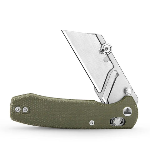 Folding Utility Knife With 2.62 Inch Razor Blade, Green Micarta Handle, Open Position