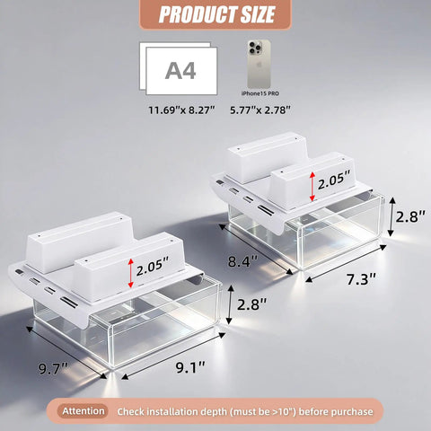 Slick Two Pack Under Desk Drawers With Smooth Glide Action, size dimensions showing clear PET build, perfect for workspace organization.