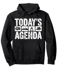 Wilderness Explorer Rad Pullover Hoodie For RV Lovers And Campers with 'Today's Agenda' and camping icons on black fabric