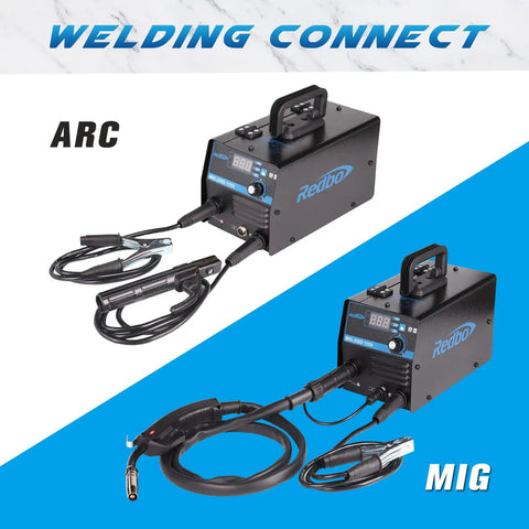 Gasless 2 In 1 MIG Welder With Flux Core Wire Feed And MMA Arc 110V Portable Inverter with cables displayed on a blue background.