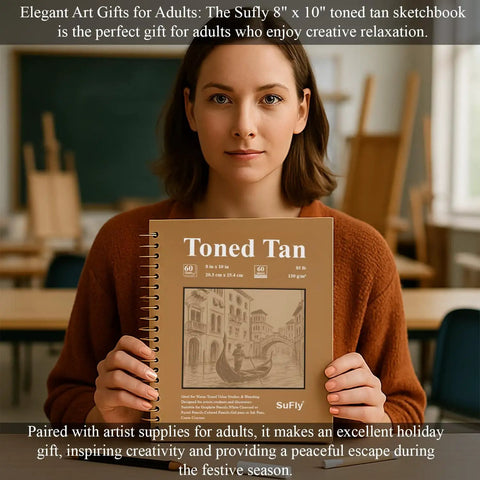 Person holding Tan Toned Sketchbook For Mixed Media With Sixty Sheets Of 90lb 150gsm Tan Drawing Paper 5.5 By 8.5 Inches Great For Charcoal Graphite Colored Pencils And White Gel Pens One Hundred Percent Recycled Wire Bound in classroom setting