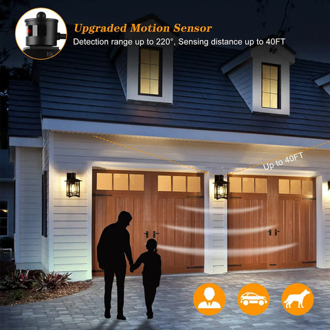 Smart Motion Sensor Outdoor Wall Light With Dusk To Dawn Auto High Output On Motion Anti Rust Matte Black Wall Lantern illuminating garage