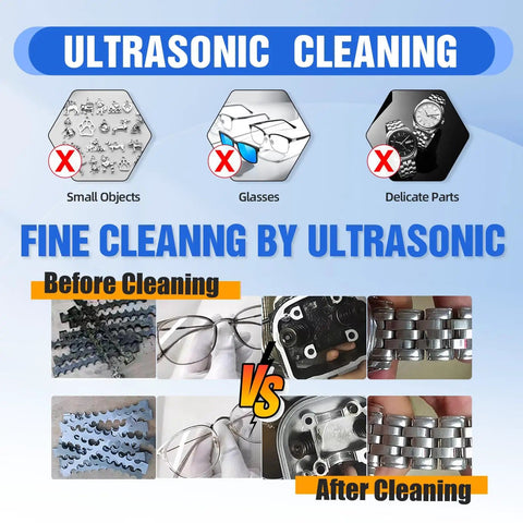 Comparison of before and after ultrasonic cleaning of jewelry, glasses, and tools using Heavy Duty 6.5L Ultrasonic Cleaner.