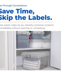 Rock Solid Stackable Plastic Storage Bins With Lids, Hella Spacious 98 Quart Hi Rise Containers For Home Garage And Closets, Snap Lock Grid Tops Shield Your Gear, Gray Four Pack neatly organized in a closet.