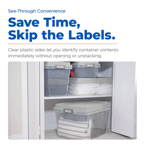 Rock Solid Stackable Plastic Storage Bins With Lids, Hella Spacious 98 Quart Hi Rise Containers For Home Garage And Closets, Snap Lock Grid Tops Shield Your Gear, Gray Four Pack neatly organized in a closet.