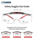 Over Eyeglasses Safety Glasses With ANSI Z87 1 Lenses anti-fog size guide showing fit over different glasses shapes