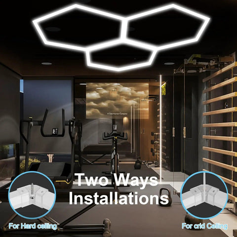 Hexagon Garage Lights 16 Pack Plug And Play LED Panels, 24W 6500K Ultra Bright Low Voltage 24V, installed on ceiling in gym