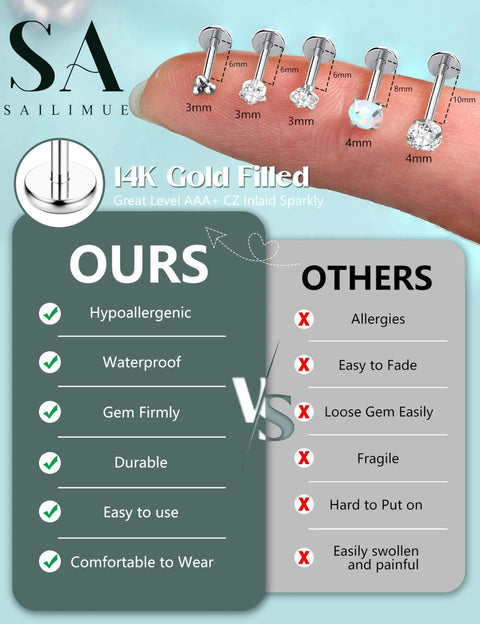 Chart comparing hypoallergenic 14K gold filled nose studs with others, highlighting durability and comfort of Dope Threadless Nose Ring Set In 14K Gold Filled, 20G 18G 16G Nose Studs For Women And Men, Hypoallergenic Surgical Steel Flat Back Nose Jewelry For Nostril Medusa Helix Tragus Piercings, Includes Different Lengths And Replacement Tops.