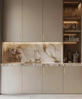 Modern kitchen with Solid 10 Pack 5 Inch Square Cabinet Handles in Champagne Bronze Finish on sleek cabinets below marble backsplash.