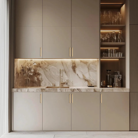 Modern kitchen with Solid 10 Pack 5 Inch Square Cabinet Handles in Champagne Bronze Finish on sleek cabinets below marble backsplash.