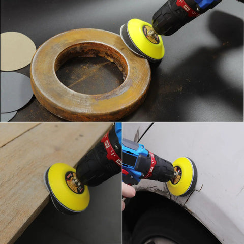 Three Inch Silicon Carbide Wet Dry Sanding Discs Set With Hook And Loop in use on metal, wood, and car surface with rotary tool