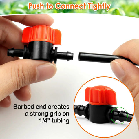 Hands holding 30 Pack One Quarter Inch Drip Irrigation Valves Barbed Shut Off Fittings for One Quarter Inch Tubing