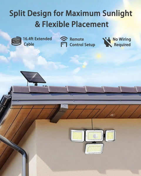 Solar Motion Sensor Flood Lights Outdoor 2 Pack, 3500LM 288 LED, installed under eaves with solar panel on roof, 16.4Ft cable visible.