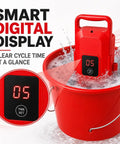 Game Changer Portable Mini Washing Machine With Digital Countdown Timer shows smart digital display in a red bucket.
