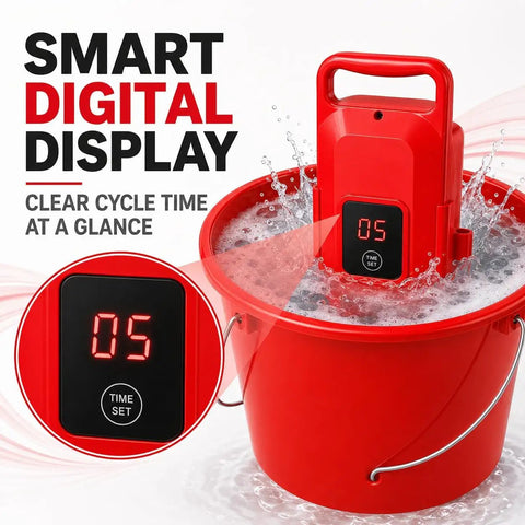 Game Changer Portable Mini Washing Machine With Digital Countdown Timer shows smart digital display in a red bucket.