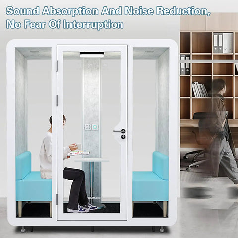 Mobile Soundproof Office Booth With Smooth Roll Wheels And Chill Quiet Nook For Two To Four Folks Featuring Bright LED Lights and Fresh Air Flow For Crisp Professional Video Calls With Heavy Duty Modular Frame, seen from entrance with user inside.