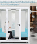Portable Soundproof Phone Booth With Smooth Rolling Wheels Hella Quiet Office Pod Rig For Remote Hustle And Broadcast Streaming Includes Chill Cooling Fan Bright Lamp And Reliable Power Outlet, featuring a user inside.