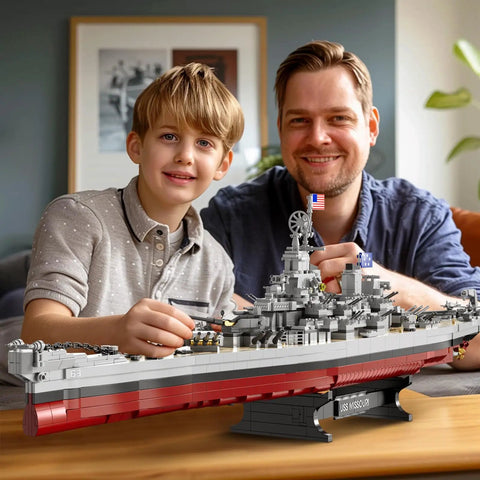 Father and son assembling Battleship Building Set 60011 Classic Military Missouri Warship Model Kit For Adults And Teens