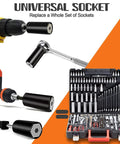 Universal Socket Tool Set For Dads And Grads Gift Idea All In One Chrome Vanadium Magnetic Ratchet Socket Wrench Set Seven To Nineteen Millimeters No Socket Change Handy Gift For Father Husband Grandpa Stepdad Papa Gadgets with various tools displayed.