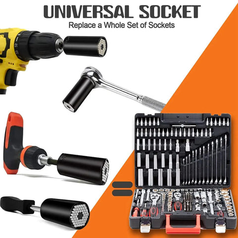 Universal Socket Tool Set For Dads And Grads Gift Idea All In One Chrome Vanadium Magnetic Ratchet Socket Wrench Set Seven To Nineteen Millimeters No Socket Change Handy Gift For Father Husband Grandpa Stepdad Papa Gadgets with various tools displayed.