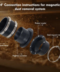 Exploded view of 4-inch Quick Connect Magnetic Dust Collection Kit with steel hose clamp, magnetic connector, and rubber coupler.