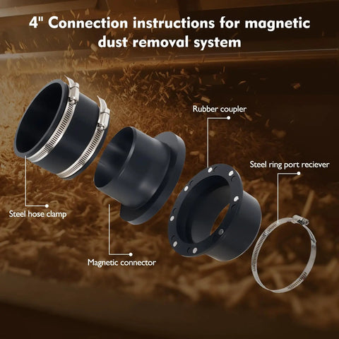 Exploded view of 4-inch Quick Connect Magnetic Dust Collection Kit with steel hose clamp, magnetic connector, and rubber coupler.