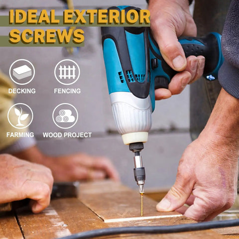 Power drill inserting Outdoor Deck Screws Two And A Half Inch Number Nine 1000 Pack Torx Star Drive T25 Bit Included