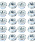 Heavy Duty Carbon Steel Hex Flange Lock Nuts With Serrated Base Lock Down Tight For Car Mods And Workshop Fixes 5 16 By 24 Thread Size Light Blue Finish 10 Piece Set displayed in an array.