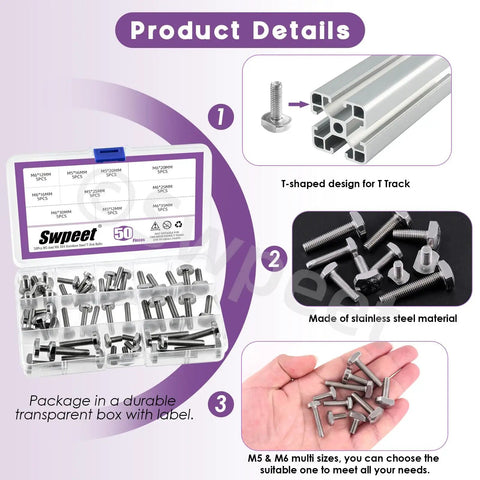 50Pcs T Slot Bolt Kit With 10 Sizes M5 M6 In Stainless Steel Hammer Head Bolts shown in labeled box and close-up view